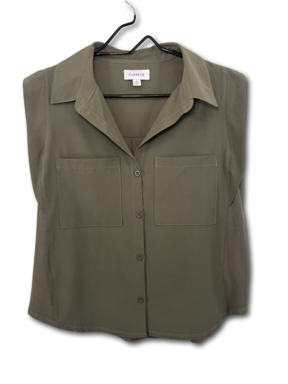 Evereve Womens Sleeveless Button Up Smocked Shoulder Top Olive Green Women’s XS
